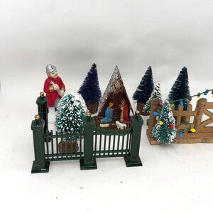 Vintage Christmas Village Figurine and Tree Display Set with Fences 10 Pieces